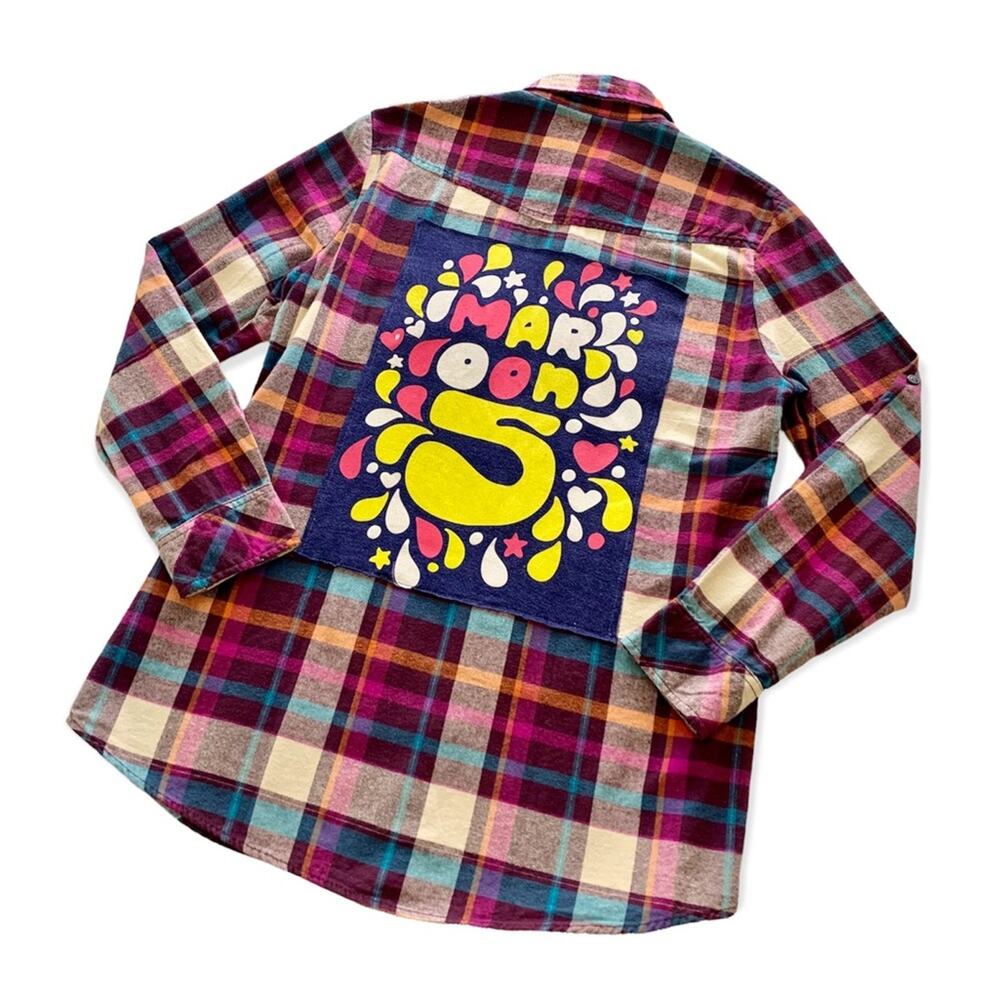 Reworked Apparel Maroon 5 Upcycled Graphic Button Up Plaid Shirt Large